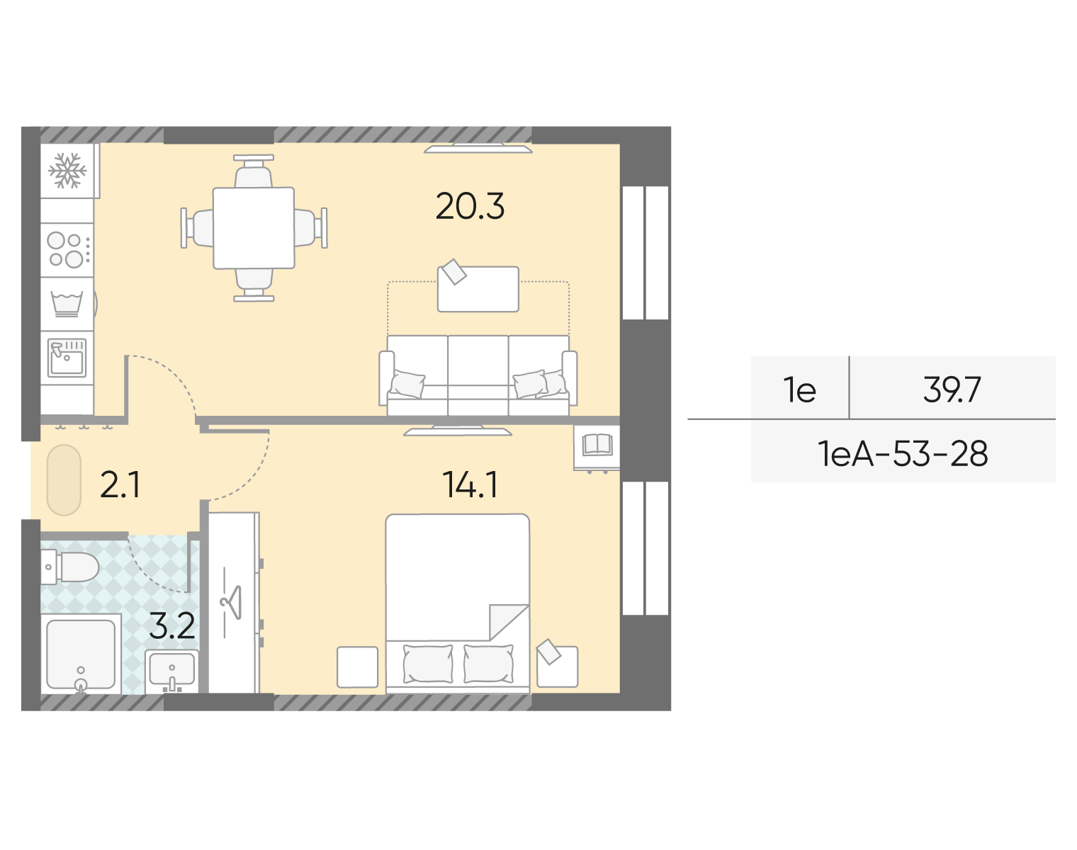 Планировка 1-комн, 39.7 м²