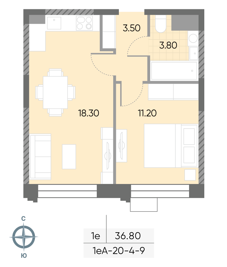 Планировка 1-комн, 36.8 м²