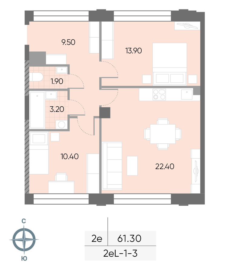 Планировка 2-комн, 61.3 м²