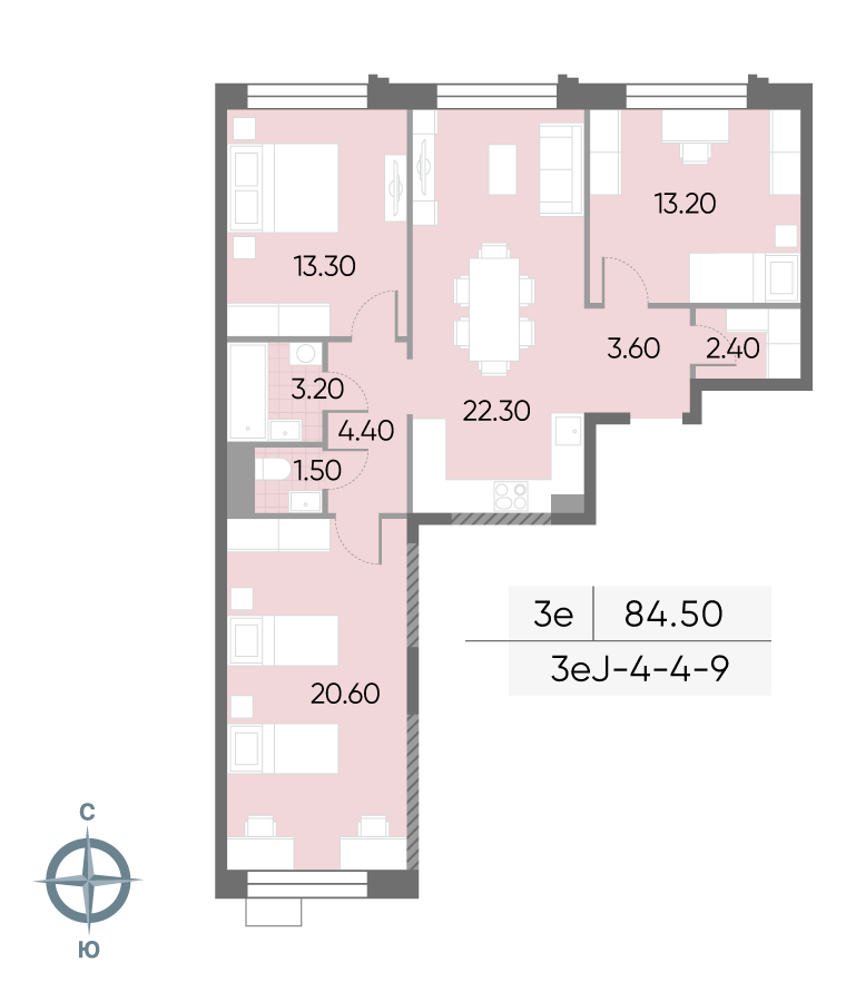 Планировка 3-комн, 84.5 м²