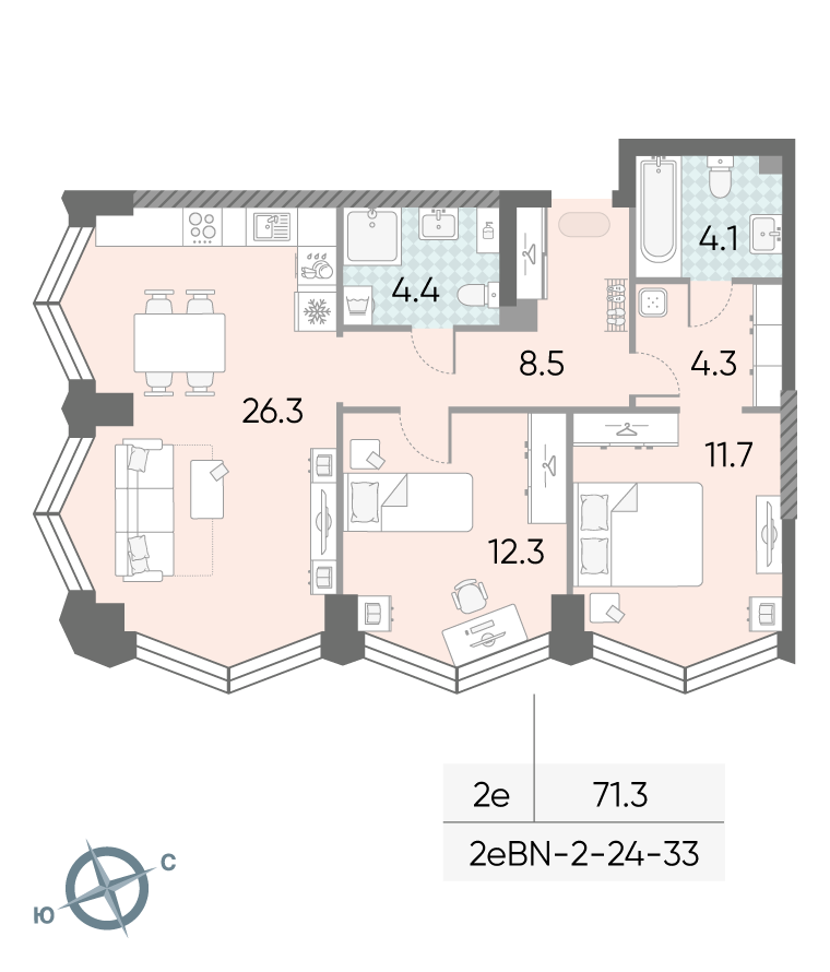 Планировка 2-комн, 71.3 м²