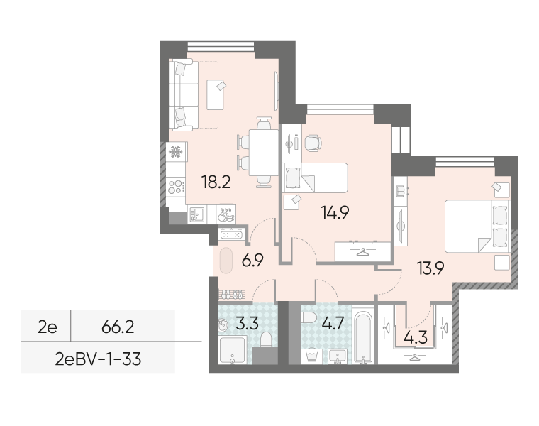 Планировка 2-комн, 66.2 м²