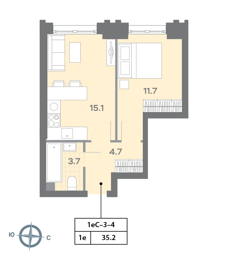 Планировка 1-комн, 35.4 м²