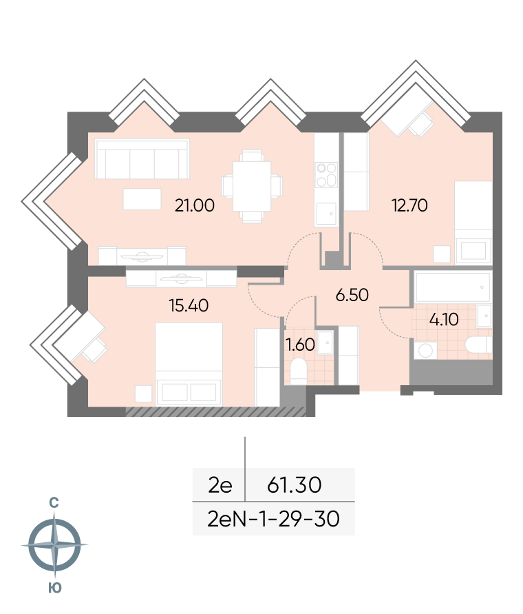 Планировка 2-комн, 61.3 м²