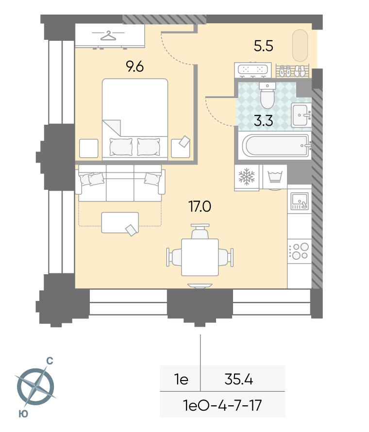 Планировка 1-комн, 35.4 м²