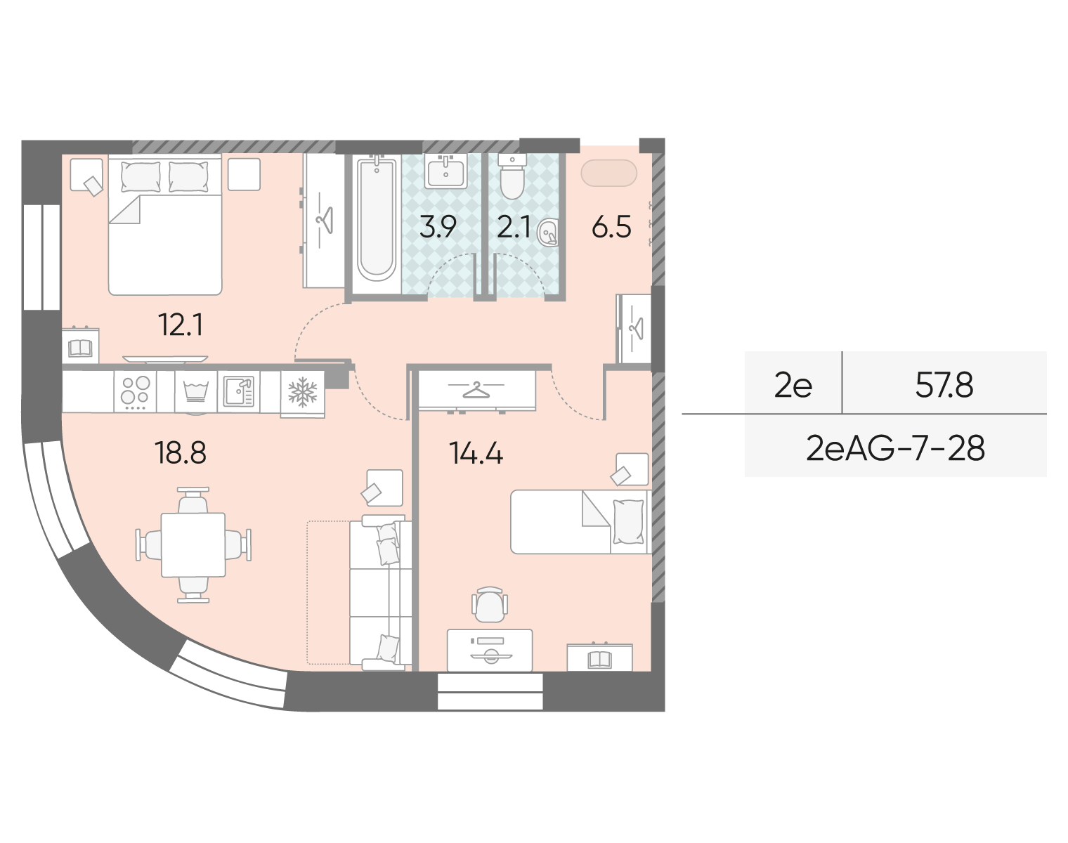 Планировка 2-комн, 57.8 м²
