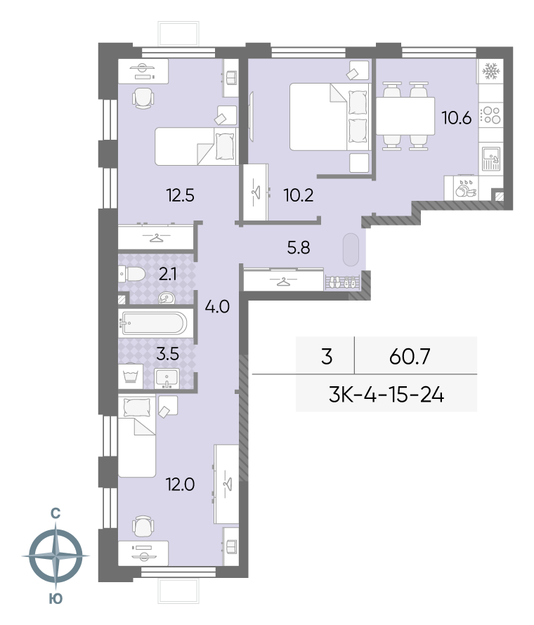 Планировка 3-комн, 60.7 м²