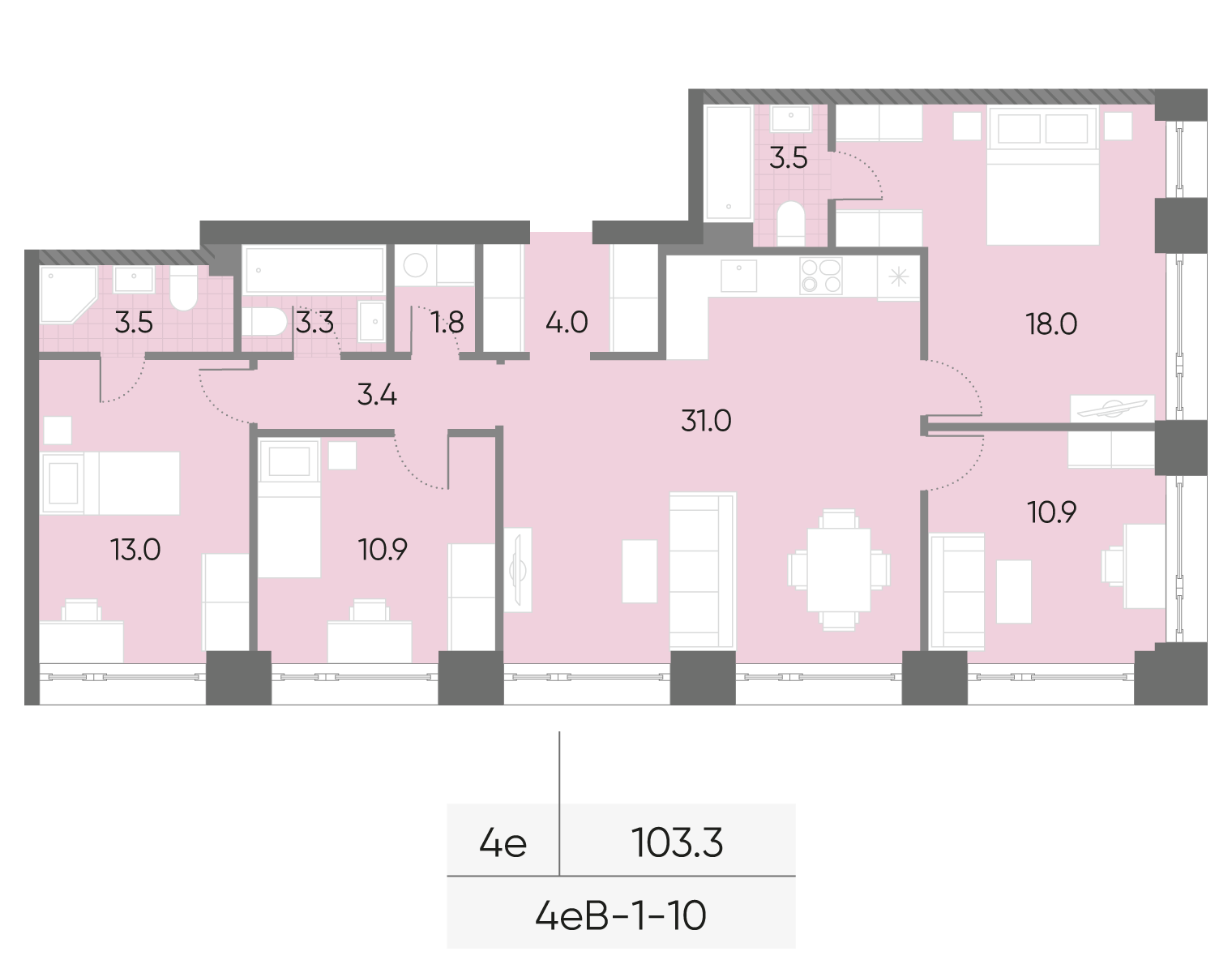 Планировка 4-комн +, 103.3 м²