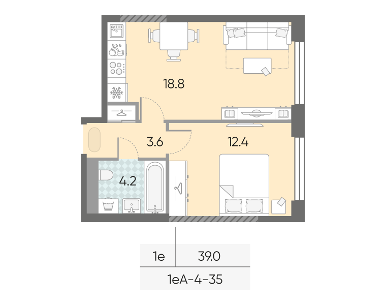 Планировка 1-комн, 39 м²