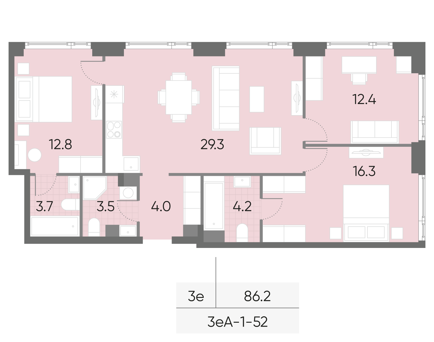 Планировка 3-комн, 86.2 м²