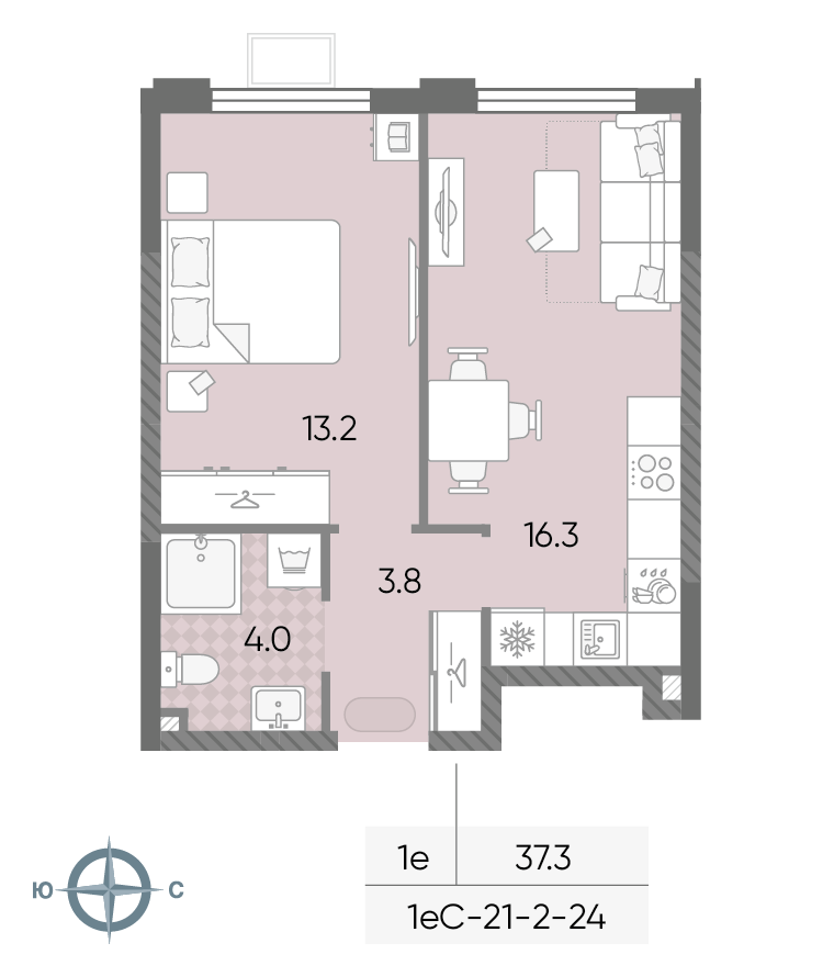 Планировка 1-комн, 37.3 м²