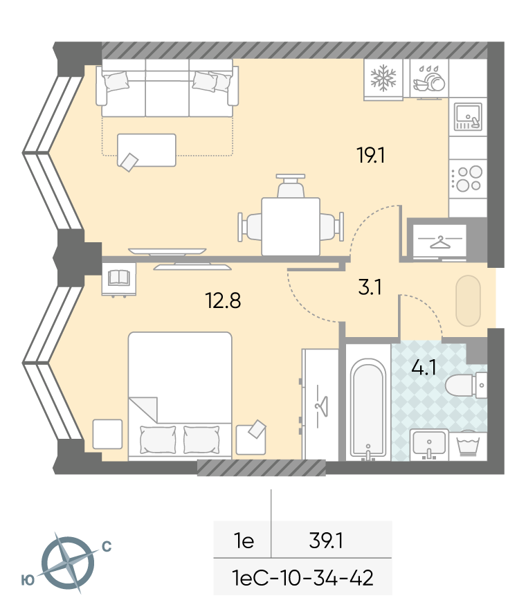 Планировка 1-комн, 39.1 м²