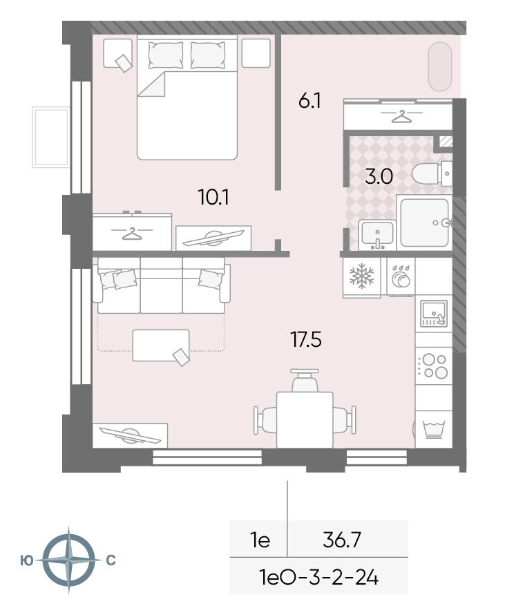 Планировка 1-комн, 36.7 м²