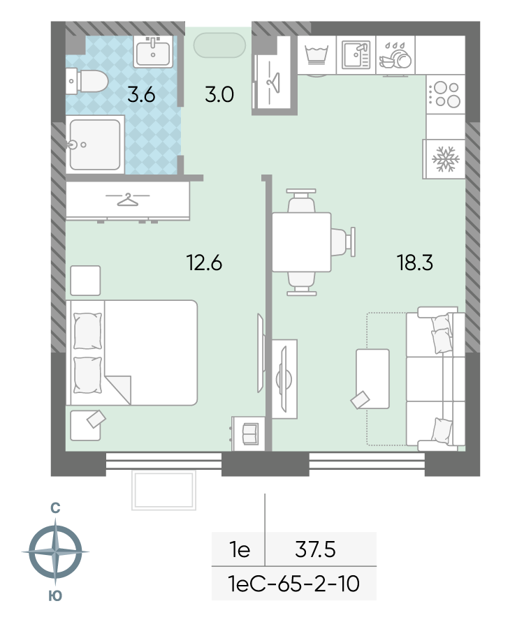 Планировка 1-комн, 37.3 м²