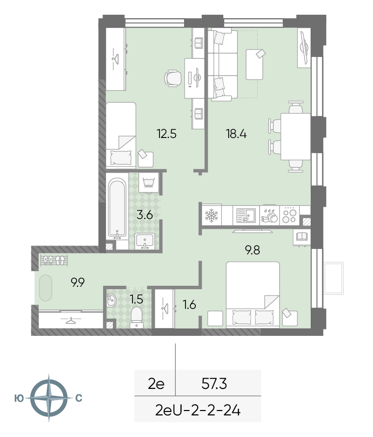 Планировка 2-комн, 57.3 м²