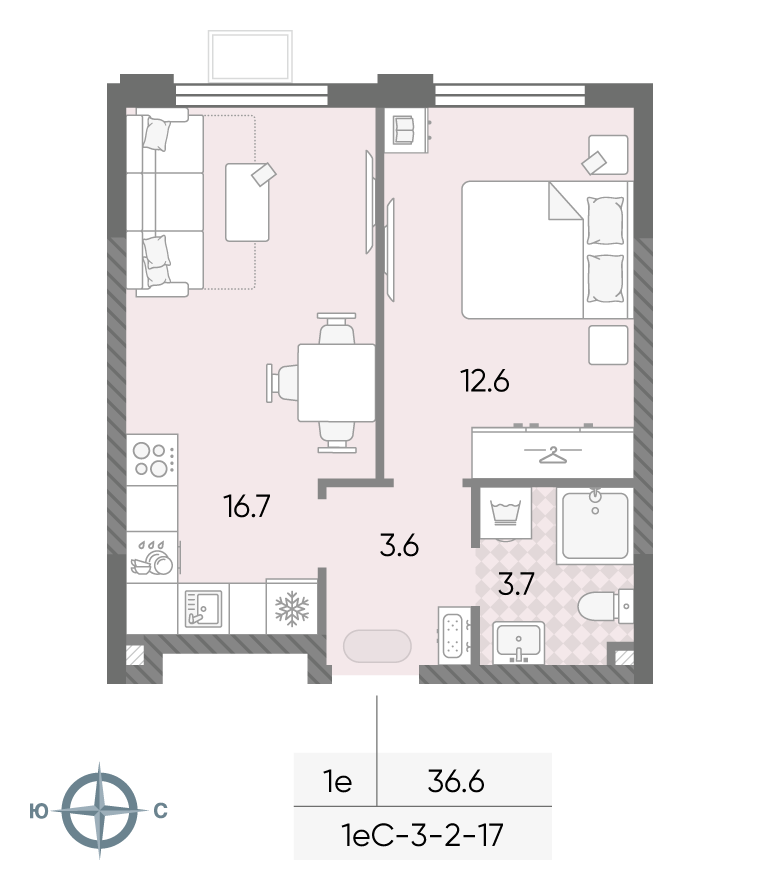 Планировка 1-комн, 36.6 м²