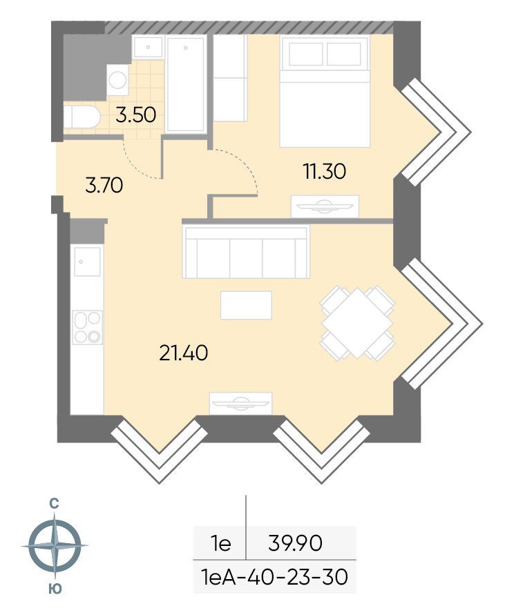 Планировка 1-комн, 39.9 м²