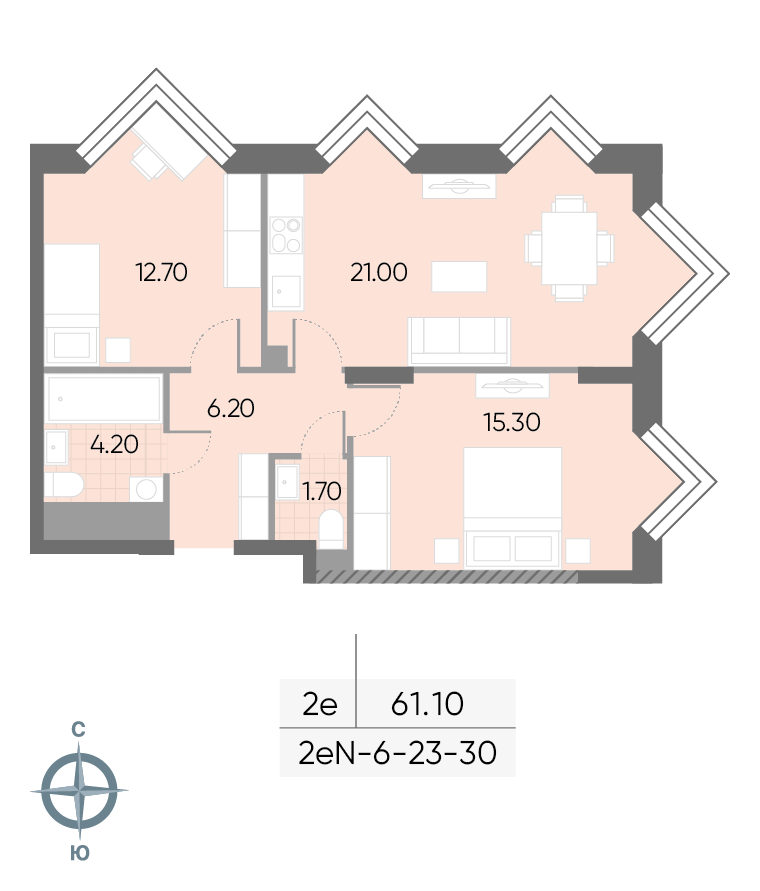 Планировка 2-комн, 61.1 м²