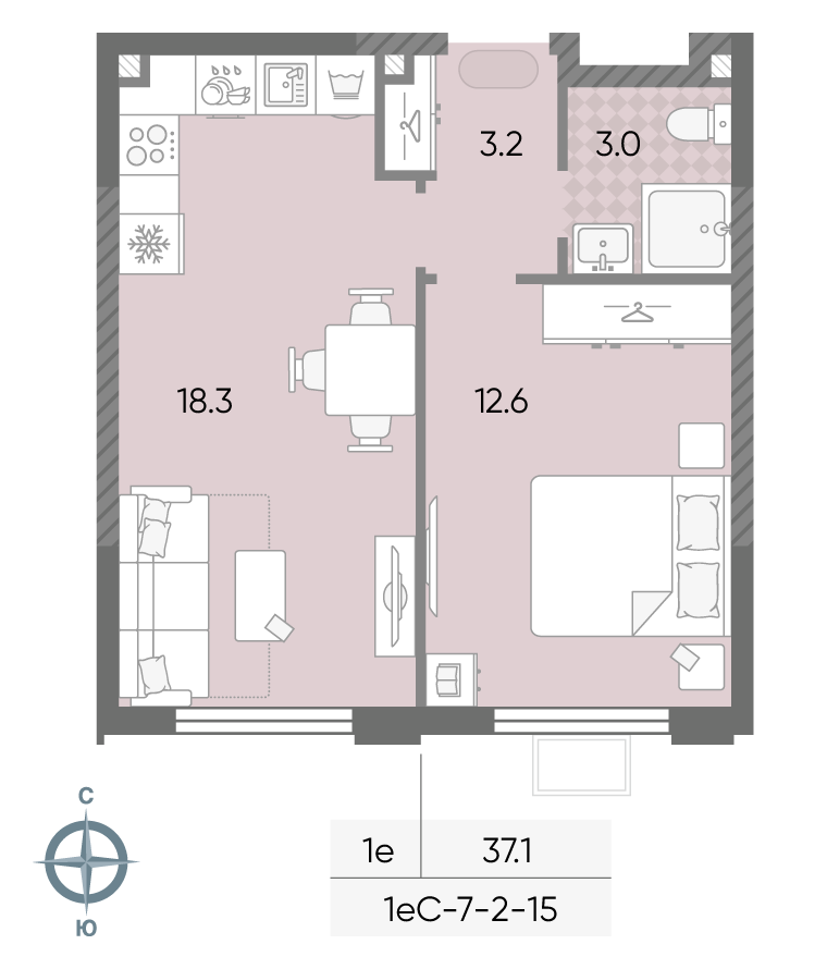 Планировка 1-комн, 37.1 м²