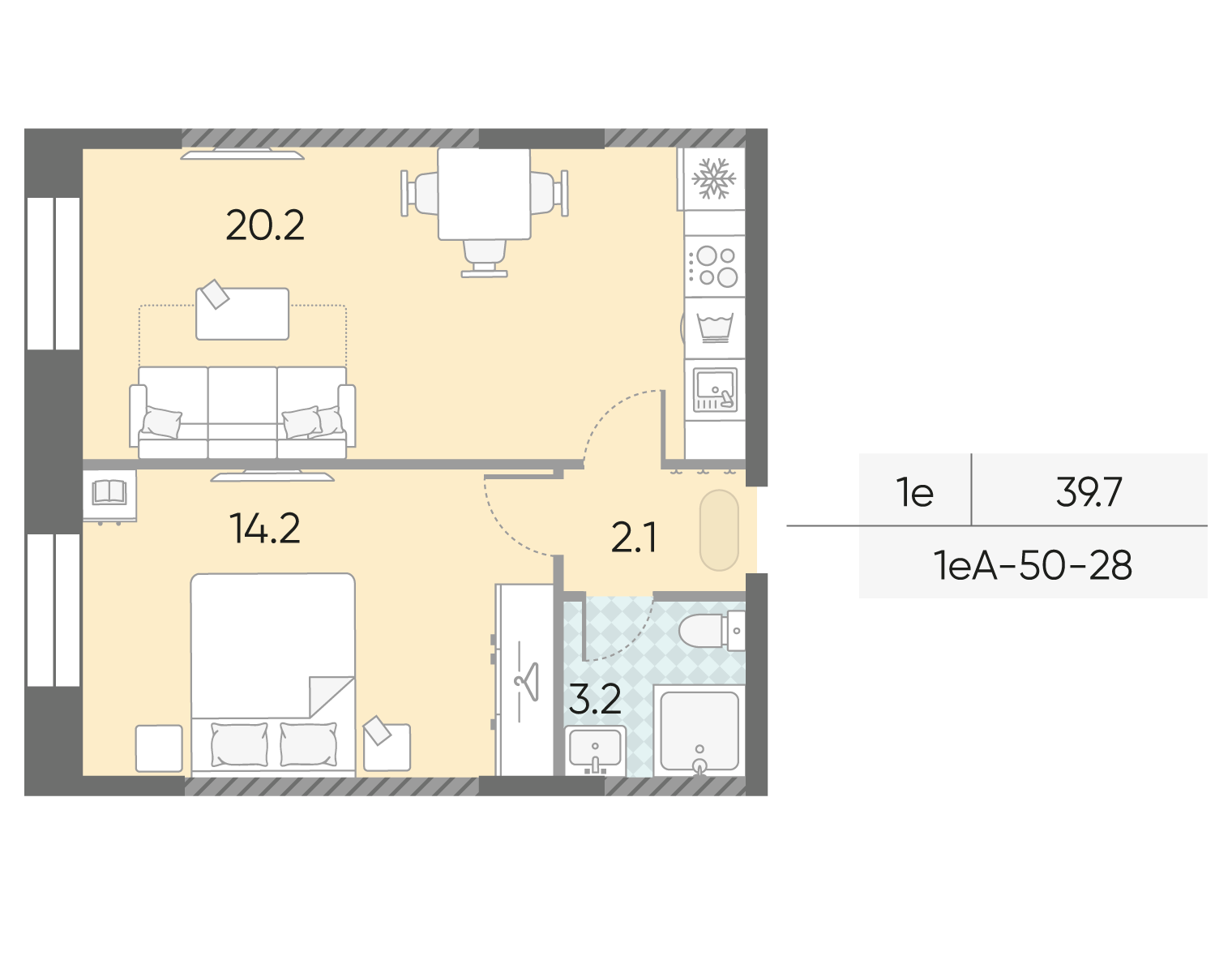 Планировка 1-комн, 39.7 м²