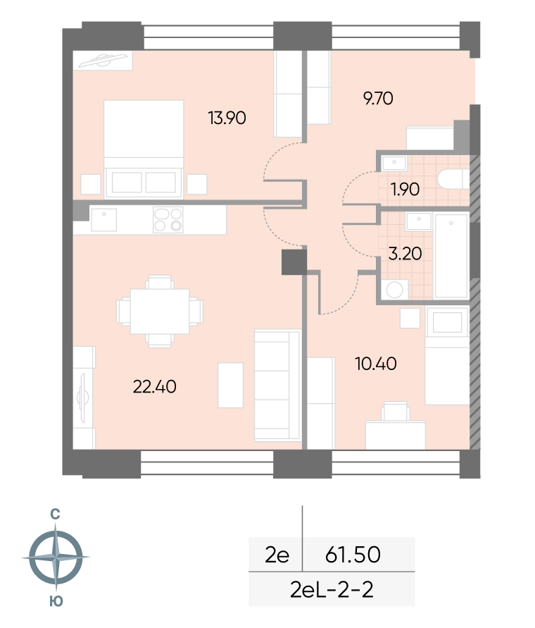 Планировка 2-комн, 61.5 м²