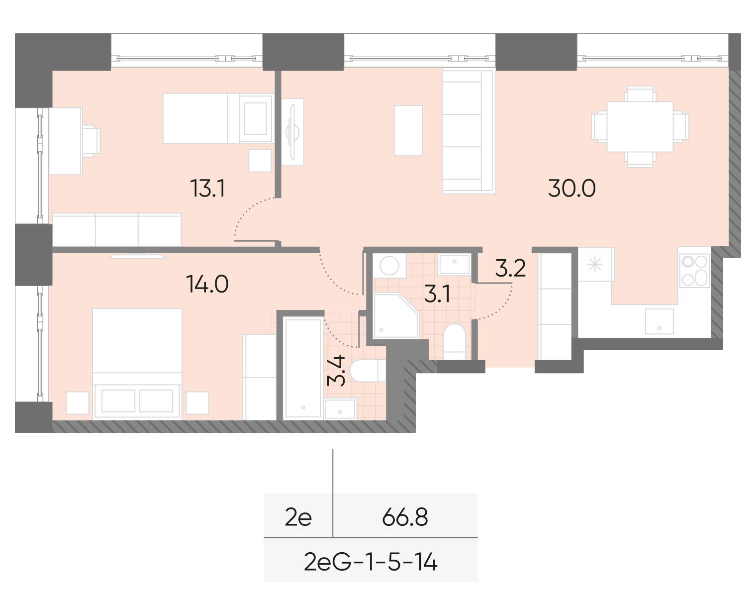 Планировка 2-комн, 66.8 м²