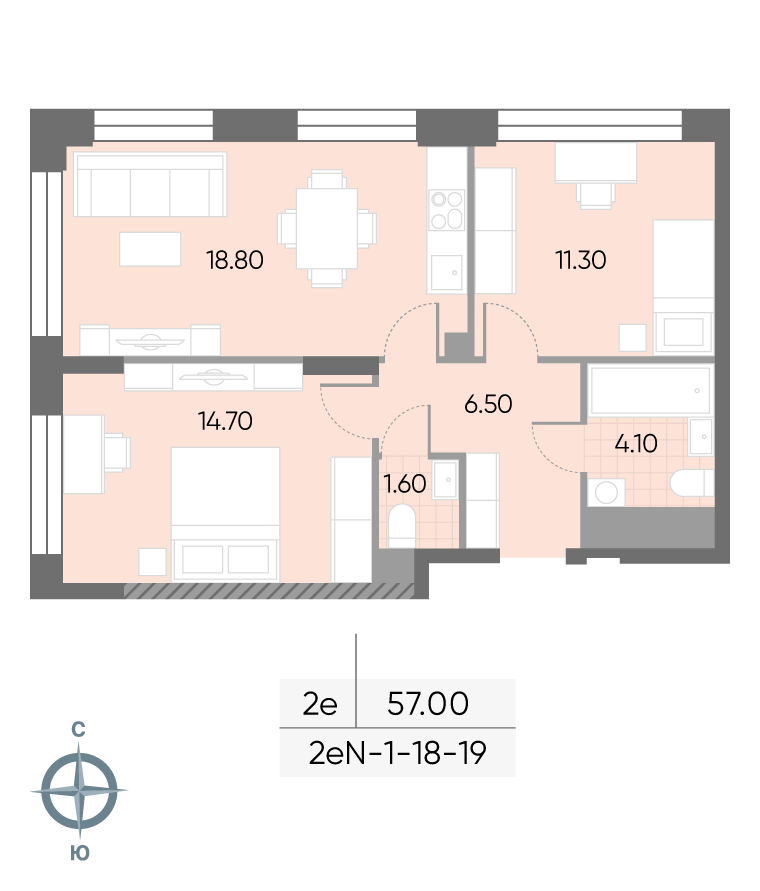 Планировка 2-комн, 57 м²