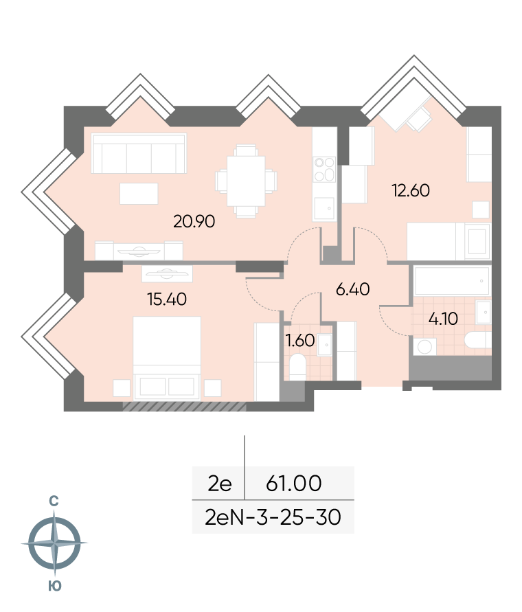 Планировка 2-комн, 61 м²