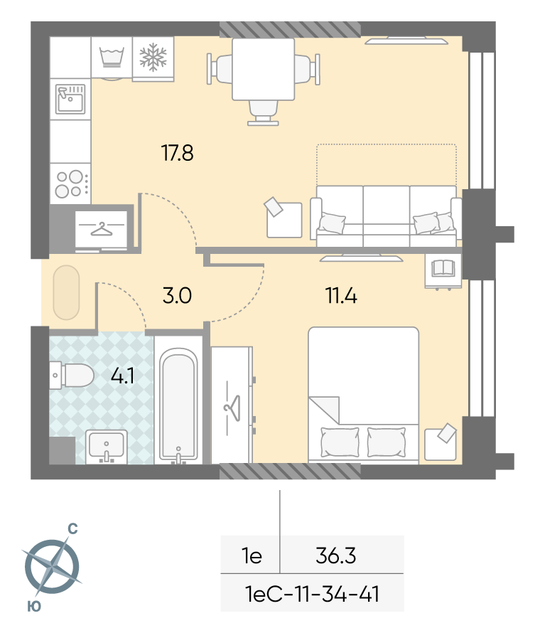 Планировка 1-комн, 36.3 м²