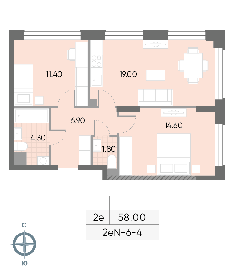 Планировка 2-комн, 58 м²