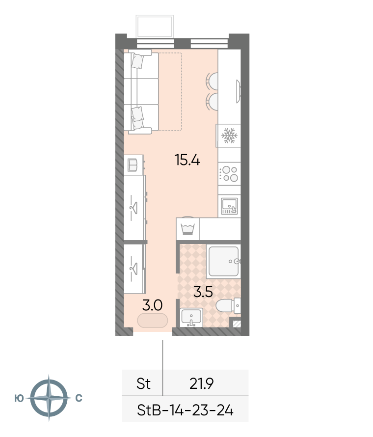 Планировка Студия, 21.9 м²