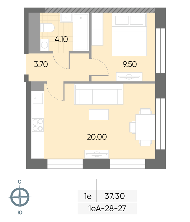 Планировка 1-комн, 37.3 м²