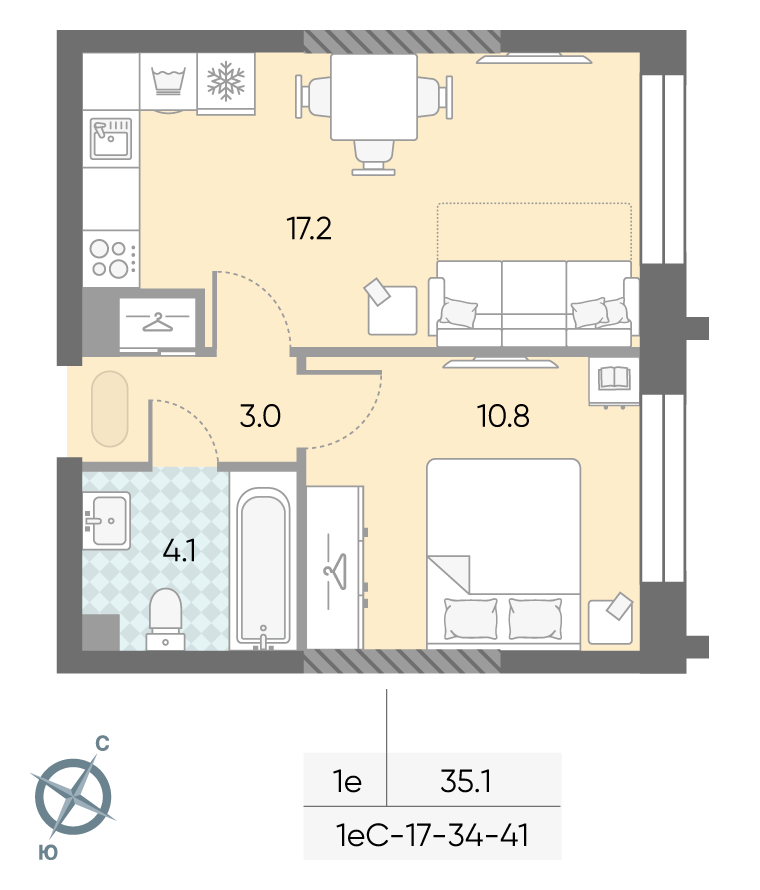 Планировка 1-комн, 35.1 м²