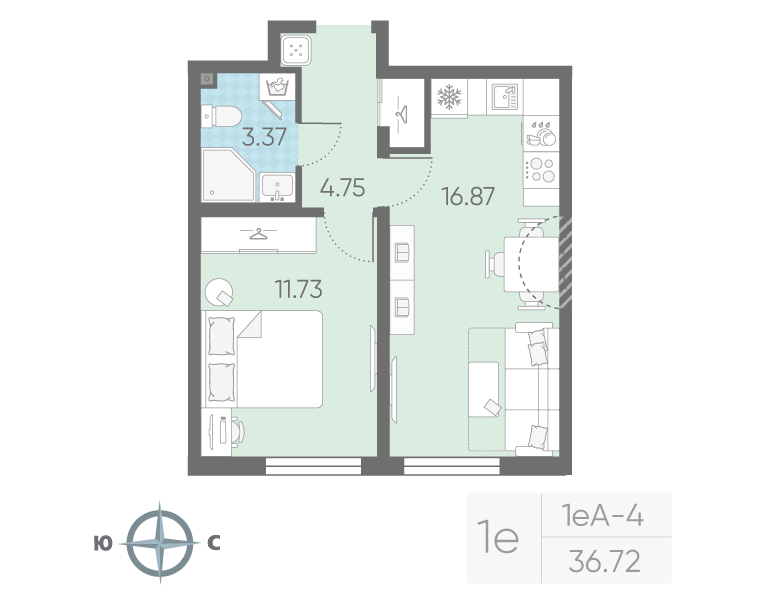 1-комнатная1eA№1373