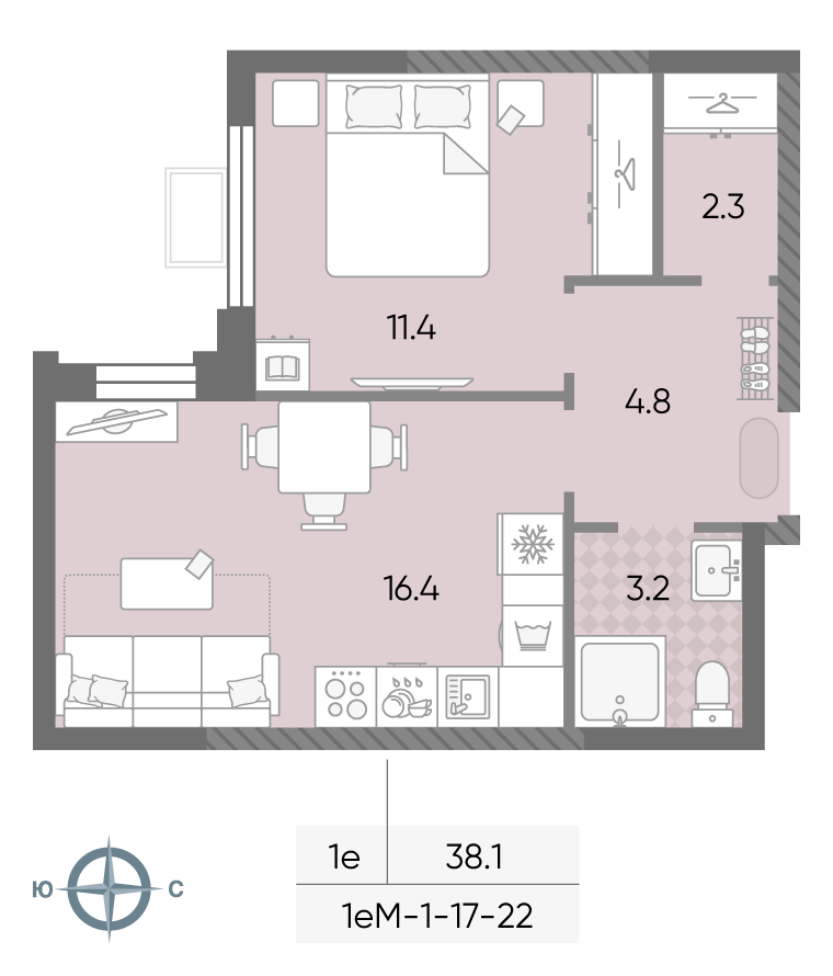 Планировка 1-комн, 38.1 м²
