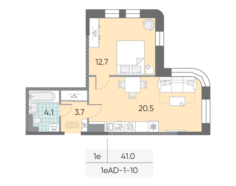 Планировка 1-комн, 41 м²