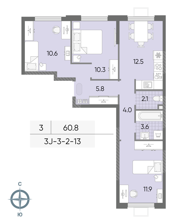 Планировка 3-комн, 60.8 м²