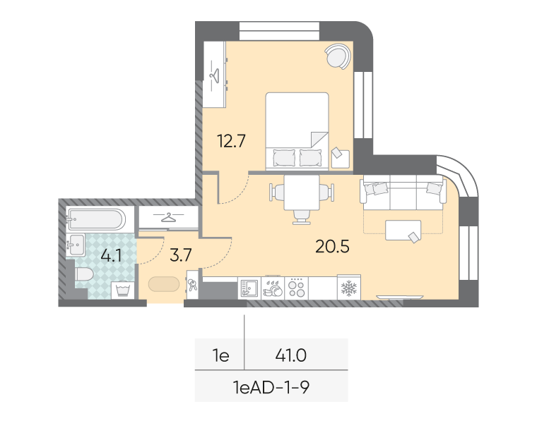 Планировка 1-комн, 41 м²