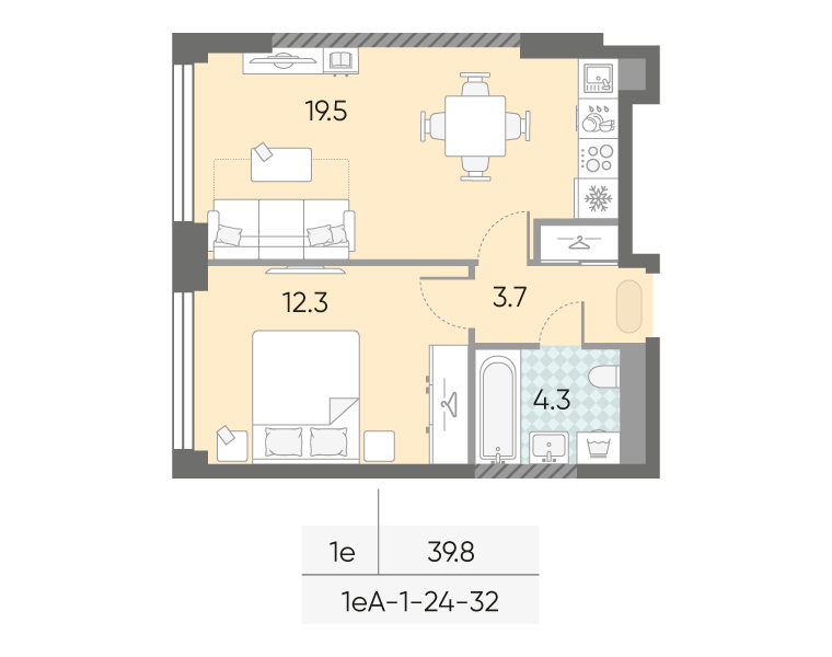 Планировка 1-комн, 39.8 м²