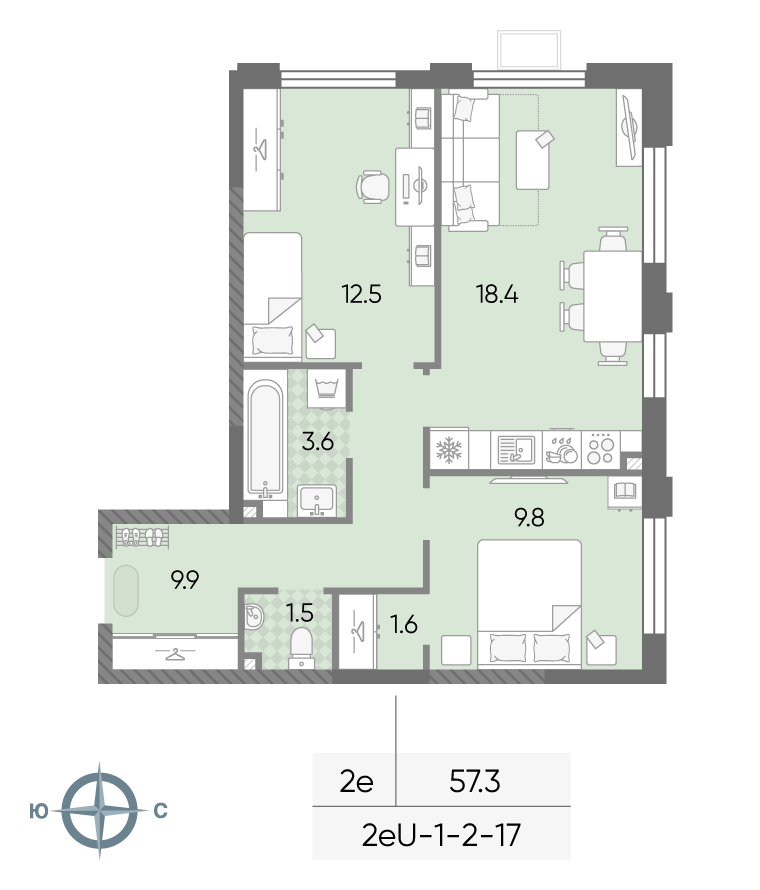 Планировка 2-комн, 57.3 м²