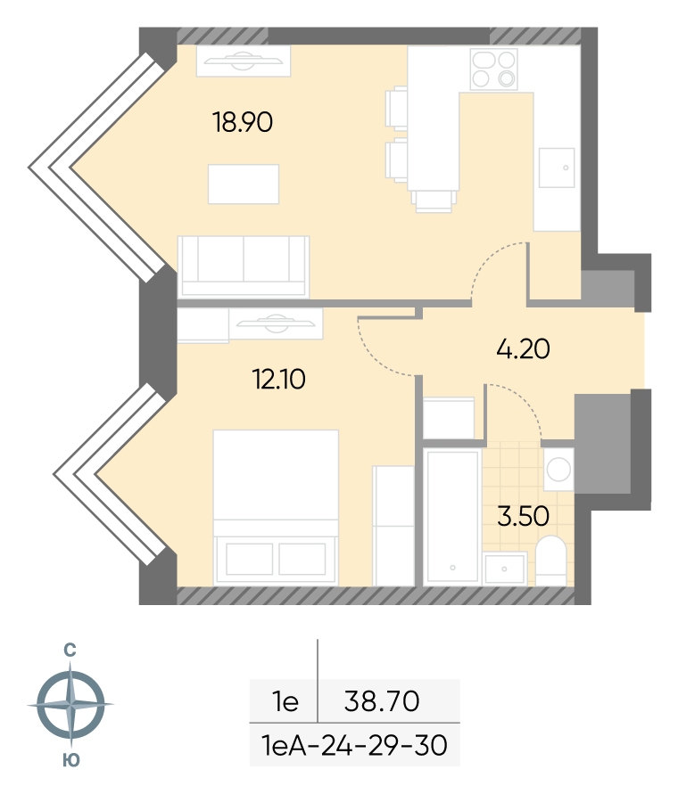 Планировка 1-комн, 38.7 м²