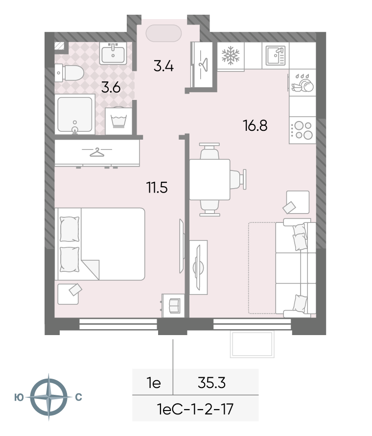 Планировка 1-комн, 35.3 м²
