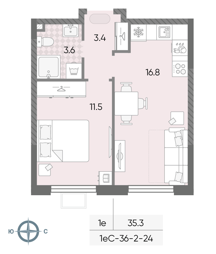 Планировка 1-комн, 35.3 м²