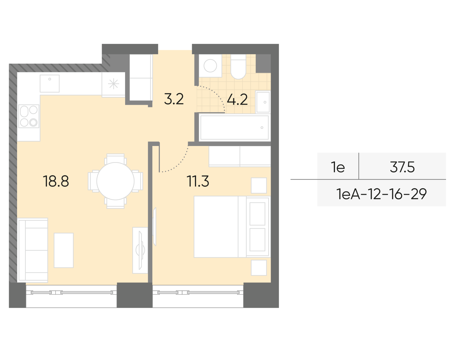 Планировка 1-комн, 37.5 м²