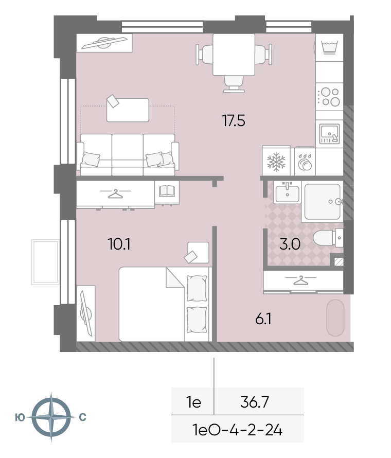 Планировка 1-комн, 36.7 м²