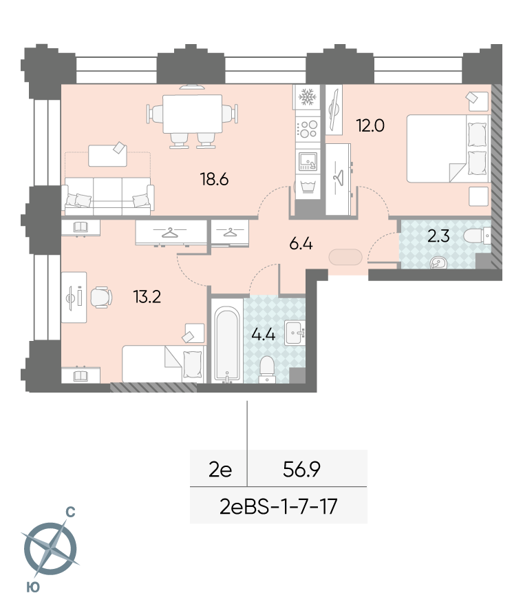 Планировка 2-комн, 56.9 м²