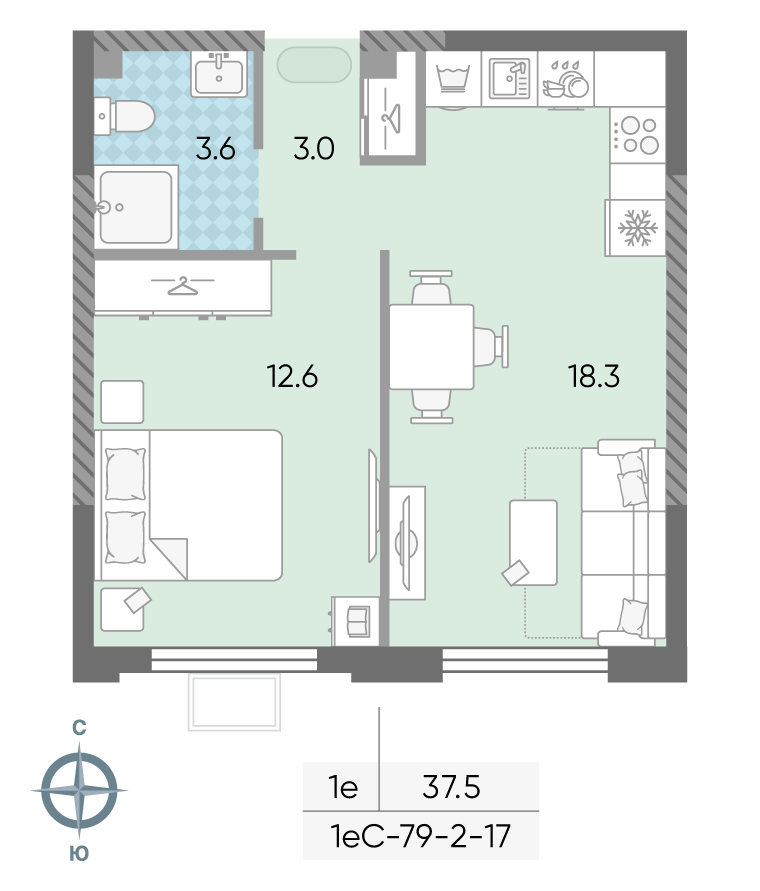Планировка 1-комн, 37.5 м²
