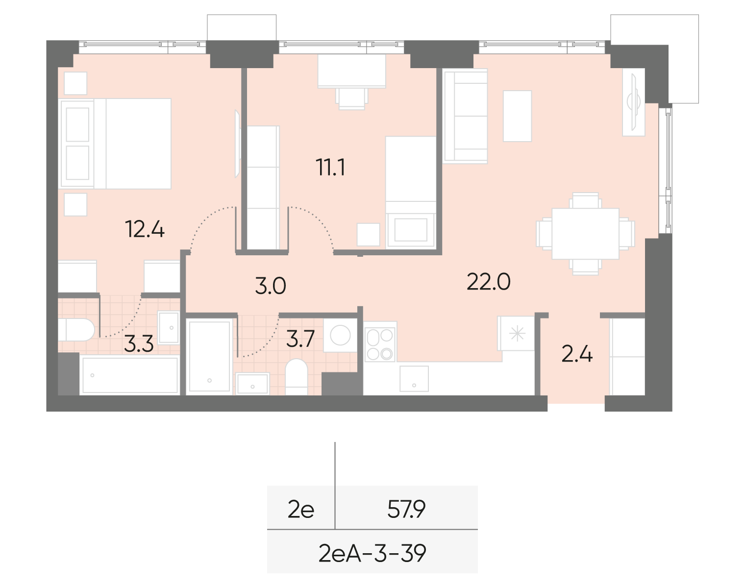 Планировка 2-комн, 57.9 м²