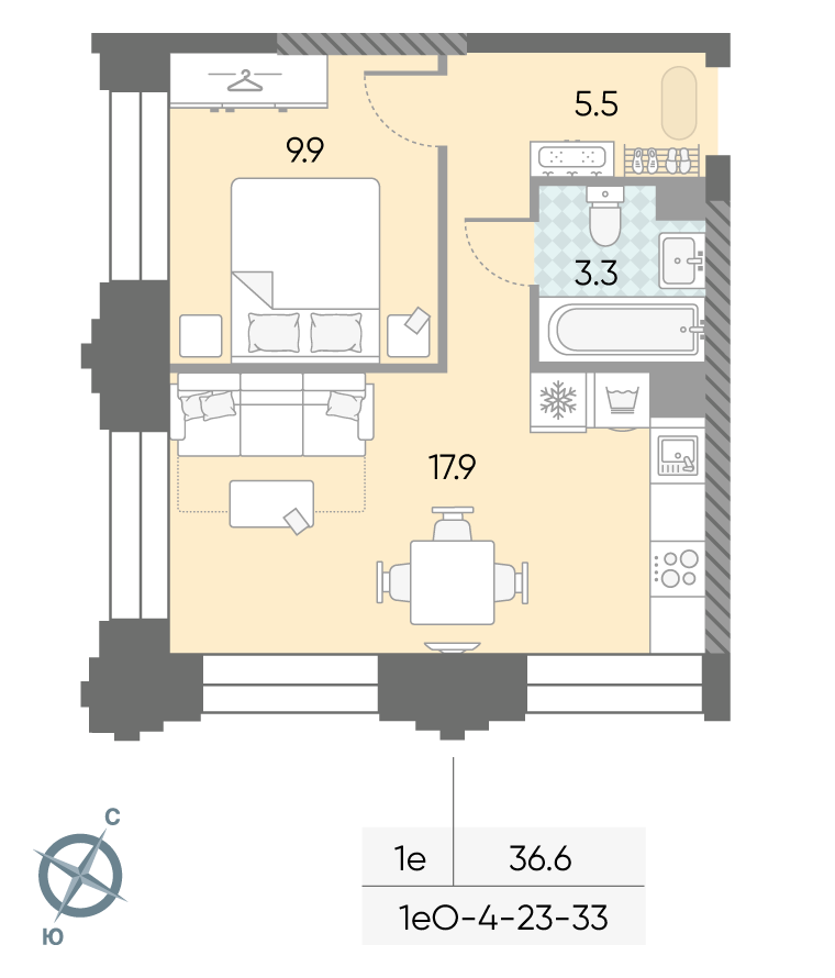 Планировка 1-комн, 36.6 м²