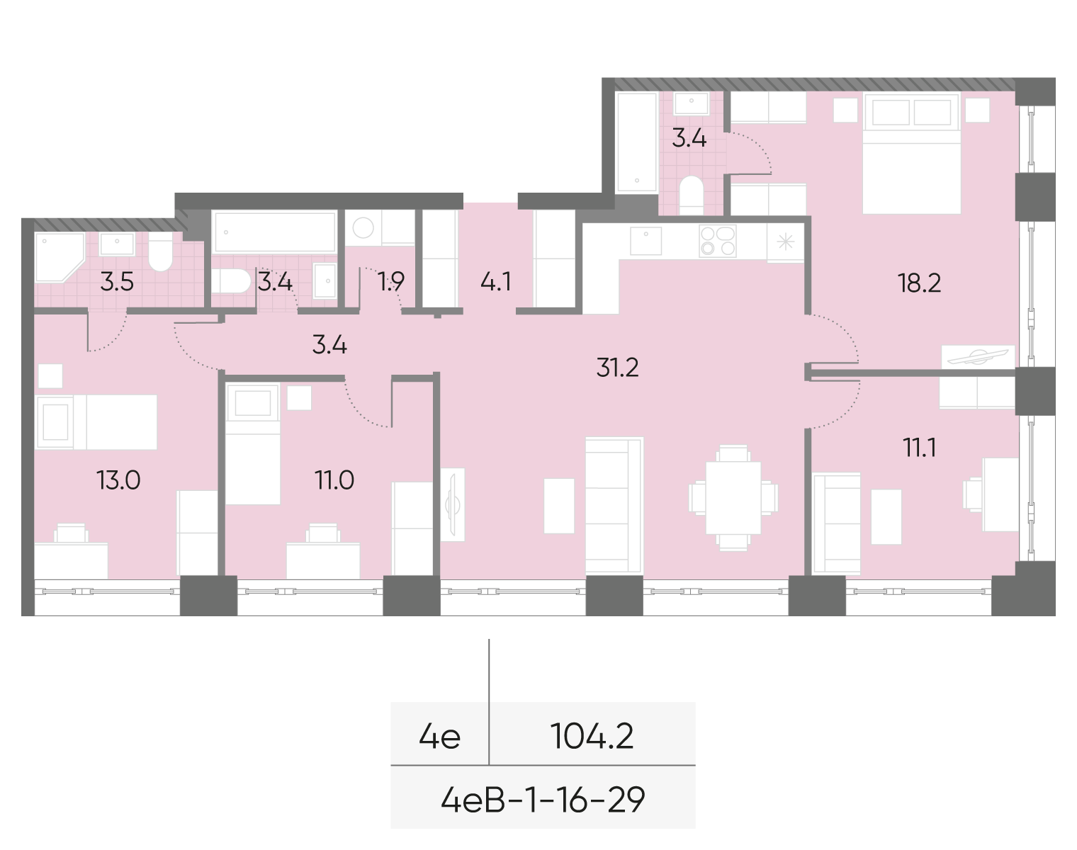 Планировка 4-комн +, 104.2 м²